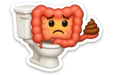 emoji stile iphone di un intestino che esce dal wc con in mano una montagnetta di feci con espressione triste a palline sticker