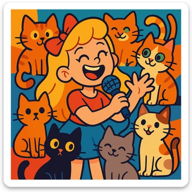 a cheerful blonde girl with many cats and a microphone, cartoon style, vibrant and colorful sticker