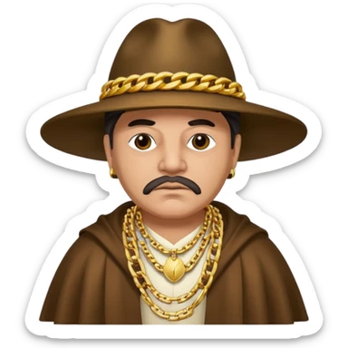 "Emoji of a Colombian mafia boss, dressed in a traditional ruana and hat, with a big gold chain, looking wealthy and intimidating." sticker