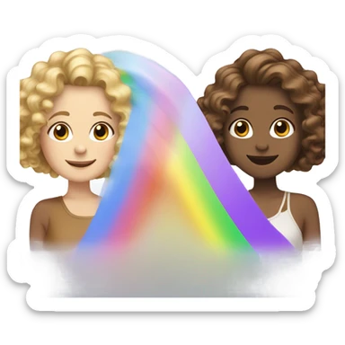 Two women best friends, one with curly blond-ish hair the second one with wacy brown hair, sliding down a rainbow sticker