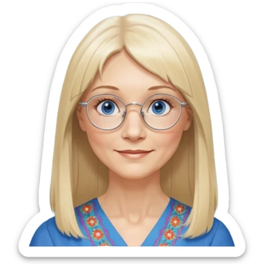 50 yr old white woman, hippie parted very long hair, short bangs, very long straight blond hair, oval face, small smile, blue eyes, thin face, hair downback, hair parted at center of head, round cheeks, pale, longer hair, business dress, long hair, big square glasses, long hair sticker