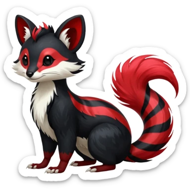 Feral Rare Fantasy shiny soft fuzzy furry vibrant tropical obsidian-black and crimson-red Vernid-Trico-species-creature by LiLaiRa, random markings, tufted tail, tufted ears, full body with markings with white skunk-tail-stripes sticker