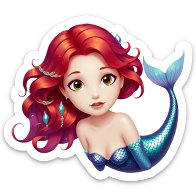Cinematic Realistic Red Hair Mermaid Portrait, depicted with lifelike porcelain white skin that glows with an ethereal radiance, enhanced by soft underwater lighting. Her intricately detailed, flowing red hair cascades like liquid fire, framing deep, soulful eyes that mirror the mysteries of the deep sea. Accented by shimmering, iridescent scales and delicate aquatic embellishments, the portrait features an enchanting underwater glow that marries realism with mythic ocean elegance. sticker
