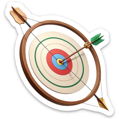 A professional recurve bow with an arrow nocked, ready to be released. The target features concentric rings, placed at a distance. The emphasis is on the bow, arrow, and target, highlighting the precision, focus, and skill involved in competitive archery. sticker