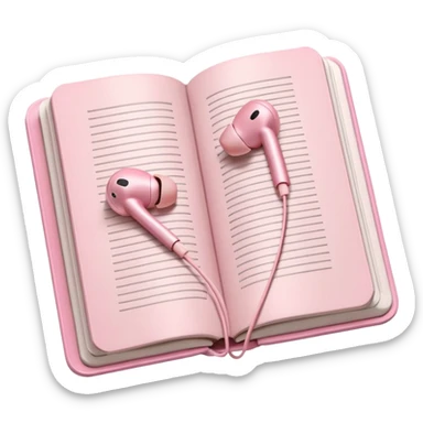  pink Pink Apple-style earbuds lying on an open book, soft pastel tones, cozy and minimal aesthetic, realistic lighting and shadows, top-down view, transparent background" sticker