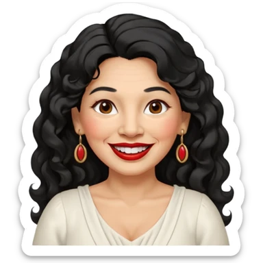60 yr old peruvian woman, slightly chubby, wavy/curly long black hair, red lipstick, big smile, white teeth, brown eyes, hoop earings, side part to hair, round face, pretty white dress, hair side swept sticker
