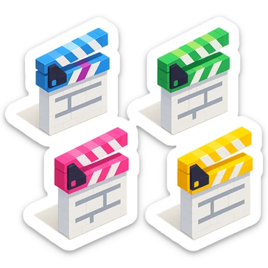 isometric view group of movie clapperboards in voxel style, white bodies with each lid a different bright color sticker