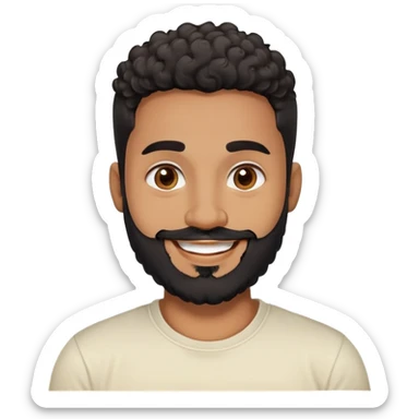 Man in his 30s with medium brown skin. Round face with friendly expression. Dark eyes with cheerful look. Thick eyebrows. Wide nose. Full black beard, well-trimmed. Short curly black hair with fade cut. Wearing a cream t-shirt. Big smile. sticker