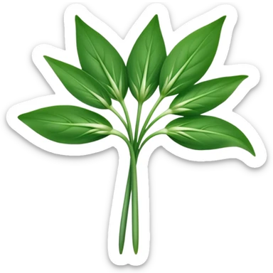 single sprig or small cluster of wild garlic leaves with smooth elongated lance-shaped blades, rich vibrant green color, soft central veins, fresh slightly glossy surface, gently arching from slender stems, no roots or soil, apple emoji style, soft lighting, subtle shadows, emoji scale sticker