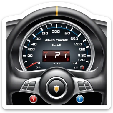An icon showing a racing game interface, inspired by Grand Turismo. The design features a garage with a selection of high-performance cars, along with race track visuals in the background. Speedometer, lap timer, and other HUD elements add to the excitement. Transparent background sticker