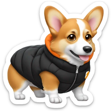 corgi wearing a black puffer jacket with a small orange square with white letters "YC" logo on the left chest sticker