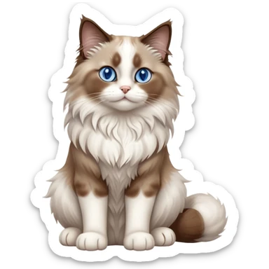 cinematic-[brown and white ragdoll cat]-realistic-full-body-sitting-emoji,-tail-curled-playfully-around-its-paws,-head-tilted-dramatically,-fluffy-[brown and white]-fur,-simplified-yet-realistic-focused-features,-highly-detailed,-glowing-with-an-almost-sarcastic-glow, with blue eyes sticker