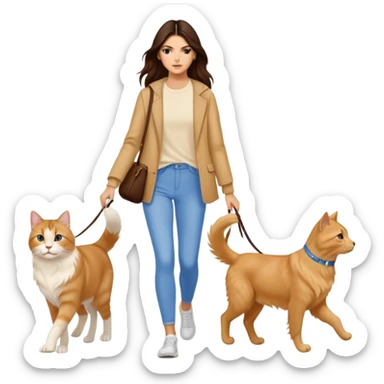 Kendall Jenner with long brown hair walking a golden retriever dog and three cats, two cream colored cats and one white and blue cat sticker
