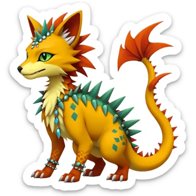 Kawaii cute reddish orangish yellowish greenish exotic tribal beautiful pretty elegant divine edgy feline-vernid-sergal-Fakémon-Pokémon-Digimon-fursona-animal-creature with accessories, jewelries, full body, with intricate detailed markings, spikes, furs, fins, scales, spiny sticker