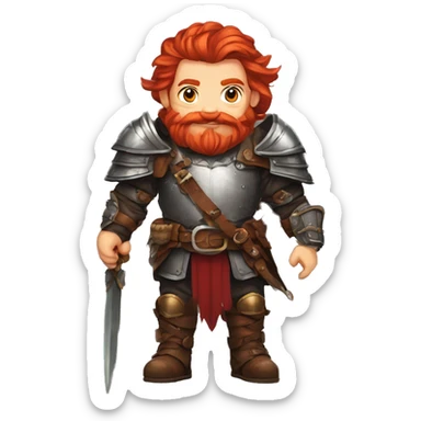 text for a sticker picture generator with a red-haired dwarf in his hands who has a bow with a braided mustache, dressed in leather armor, with a red beard, with red hair, in a fantasy style sticker