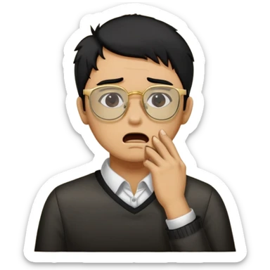 Make an apple choking emoji of a tan gender neutral person with black hair and gold frame glasses with their hand on their neck choking themselves  sticker