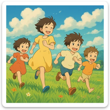 ghibli style kids running in a field sticker