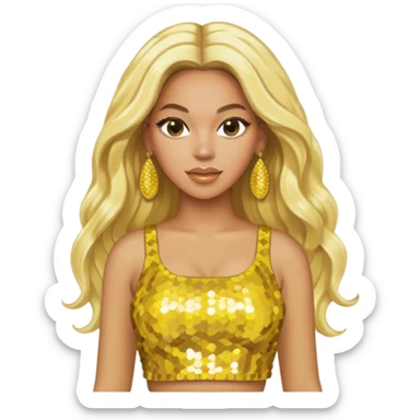Beyonce with long platinum blonde hair, yellow sequin crop top yellow sequin skirt, gold earring sticker