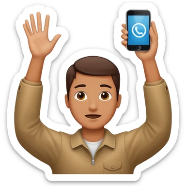 A person raising both their hands with a phone trying to take a picture above their head sticker