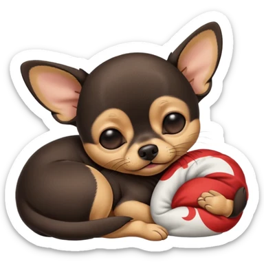 A high-resolution photo-realistic digital illustration of a cute  black with a bit of tan chihuahua with eyes closed shut sleeping lazily on the ground sticker