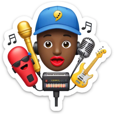 Create a vibrant and creative emoji that represents beatboxing. The design should feature a microphone with a cap placed on top, with oversized lips peeking out from under the cap. From the lips, bass clefs should be flying out, along with a variety of musical instruments (like a drum, electric guitar, and piano keys) to symbolize the blend of rhythm and creativity in beatboxing. Use bold, energetic colors like neon red, yellow, and blue to capture the lively and street-savvy essence of beatboxing. The background should be transparent. sticker