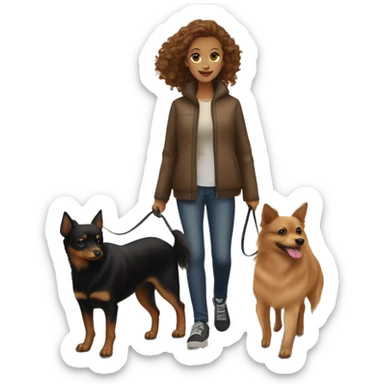 A light brown haired girl, walking one mini black and tan miniature Pinscher and one very big, fluffy & light brown Spitz on the lead sticker