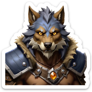 Cinematic Realistic WoW Worgen Portrait, head tilted epicly and inquisitively, showcasing the striking fusion of human intellect and beastly ferocity. His rugged fur and tanned skin, accented by piercing amber eyes and meticulously rendered worn leather garments, are bathed in dynamic lighting, high shine, epic and awe-inspiring, capturing the relentless spirit of a worgen at the apex of his power. sticker