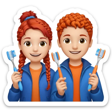 Two children smiling with toothbrushes in their hands. On the left is a girl with braided red hair, wearing a blue jacket and an orange shirt. On the right is a boy with curly black hair, wearing an orange shirt. Both are holding blue toothbrushes and look happy and healthy. sticker