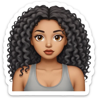 light brown skin tone, very beautiful woman, with big plump lips, long long lashes, black curly long hair, brown eyes, grey tank top sticker