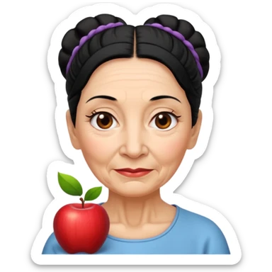 older woman with wrinkles, black hair tied back, serene expression, Apple emoji style sticker