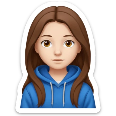 teen girl, white skin, long brown hair middle parted, brown eyes, blue hoodie sticker