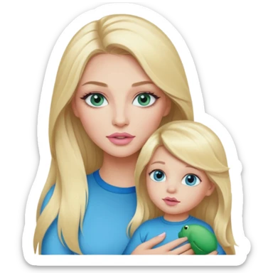 Blonde baddie with long hair Pretty makeup long lashes blue-green eyes ,   light pink lips ,holding 1 little son , with blue eyes sticker