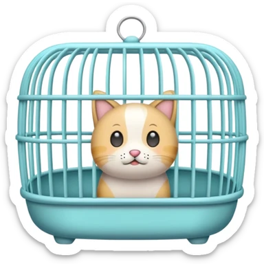 A cute emoji-style empty pet cage — cartoon look, rounded design, pastel colors, with vertical bars and a small handle on top. The cage is completely empty inside. No animals, no cats, no creatures — just the cage sticker