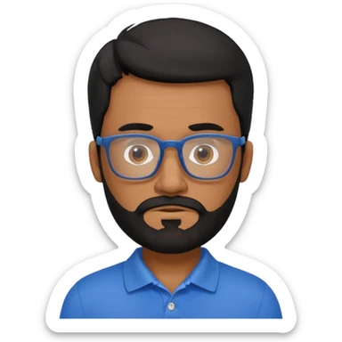 A tanned 50year old bearded man with black hair wearing glasses and a blue polo sticker