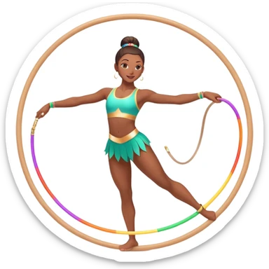 An energetic gymnast performing aerobics with a hula hoop. The gymnast is spinning the hoop around their waist in an elegant pose. The background is a lively fitness studio with colorful lights and an active atmosphere, showcasing movement and grace. sticker
