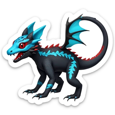 Rare realistic exotic edgy dark gothic gloomy spooky black and red/blue/cyan epic pretty beautiful handsome gorgeous aesthetic colorful vibrant Vernid-Trico-species-Fakemon-Salandit-hybrid-creature by LiLaiRa, 4 legs, 1 tail, random markings, (full body) sticker