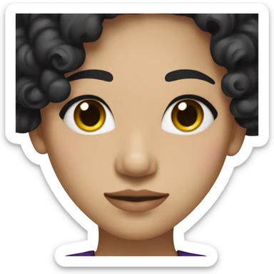 A woman with Korean features wavy black hair with purple eyes and eyes wearing a black dress and an arrogant smile sticker