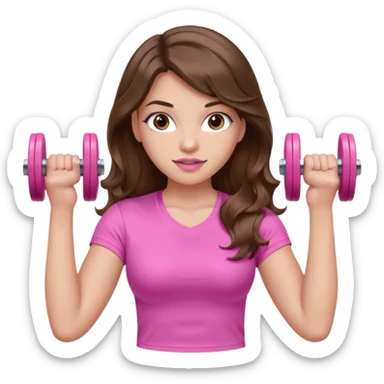girl with wavy long brown hair, brown eyes, light to medium complexion, long lashes, light pink lipstick, wearing light pink shirt, lifting pink dumbbells in a sports top sticker