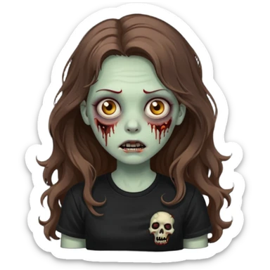 crie um emoji de uma garota zoombie cabelo castanho e longo , assustadora e fofa com cabelo ondulado 2b e camiseta básica preta sticker