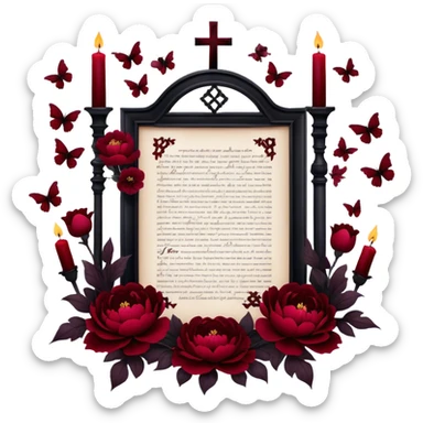 A surreal dreamscape where blackened love letters float in the air, encircled by deep red butterflies and Gothic crosses. The scene is framed by rich crimson peonies and pansies, their petals illuminated by the soft glow of dark red candles sticker