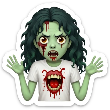 a zombie with long curly black hair volumoso, brown eyes, a white t-shirt and a splash of blood on her t-shirt, mouth open like a zombie, green skin color, not much expression, no drawing on shirt, no hands showing, less blood on her face, less blood, black hair and black eyes sticker