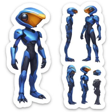 a black-blue Genesect-Raptor-Fakémon—hybrid with a futuristic visor-helmet full body sticker