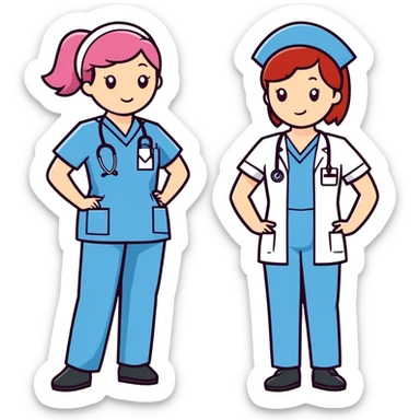 One short white male nurse in blue scrubs then one white tall red headed nurse in purple scrubs and one black nurse in pink scrubs sticker