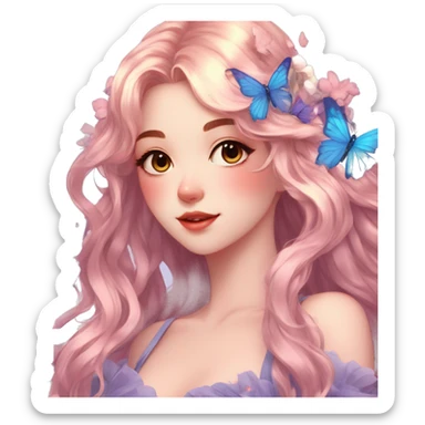 gorgeous shiny blushing anime lady with butterflies and beautiful hair fairycore high quality detailed vogue trending aesthetic sticker