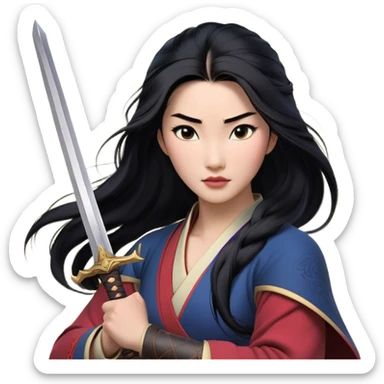 Cinematic Realistic Mulan Portrait, depicted with lifelike skin texture, soft natural lighting, and intricately detailed long black hair styled elegantly. Her deep, expressive eyes exude determination and grace, complemented by a serene yet confident expression. She stands with one hand resting on the hilt of her sword, the other by her side, exuding strength and poise. She is dressed in her classic attire, with rich fabric textures and delicate folds that catch the light beautifully. The portrait features a soft, enchanting glow with a natural, radiant finish, capturing the essence of timeless strength and beauty in a realistic and painterly style, evoking a sense of depth and authenticity. sticker