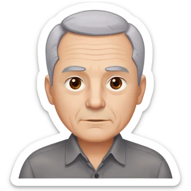 Close-up portrait of René Monclova. Light-skinned older man with round face and broad jaw. Short silver-gray hair with visible receding hairline. Warm brown eyes, thick eyebrows. Neutral expression. Wearing a dark button-up shirt. sticker