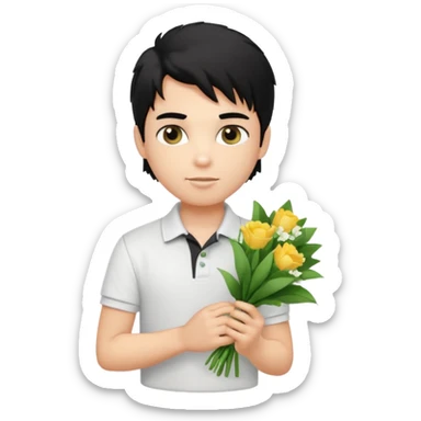 generate a pretty fair bratz boy with a messy mullet (black hair), wearing a white polo.  carrying a bouquet made of money. Fancy card behinf him sticker