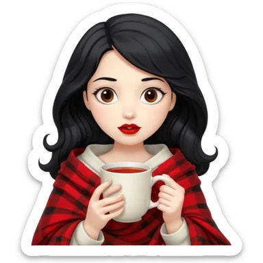 Long wavy Black haired, white skinned, dark big eyed girl with red lipstick wrapped in a blanket, sipping tea and reading a book sticker