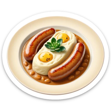 Cinematic Realistic Bangers and Mash Dish Emoji, featuring succulent pork sausages paired with creamy mashed potatoes rendered with detailed textures and natural highlights that emphasize its robust, hearty flavor. sticker