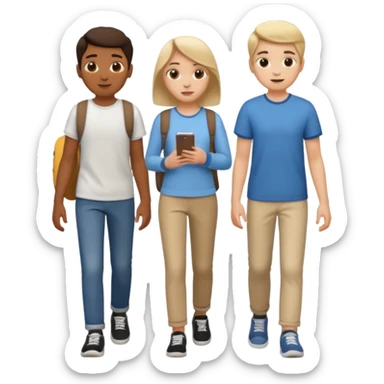 iOS emoji style. 2 friends and a teenager walking and talking.  sticker